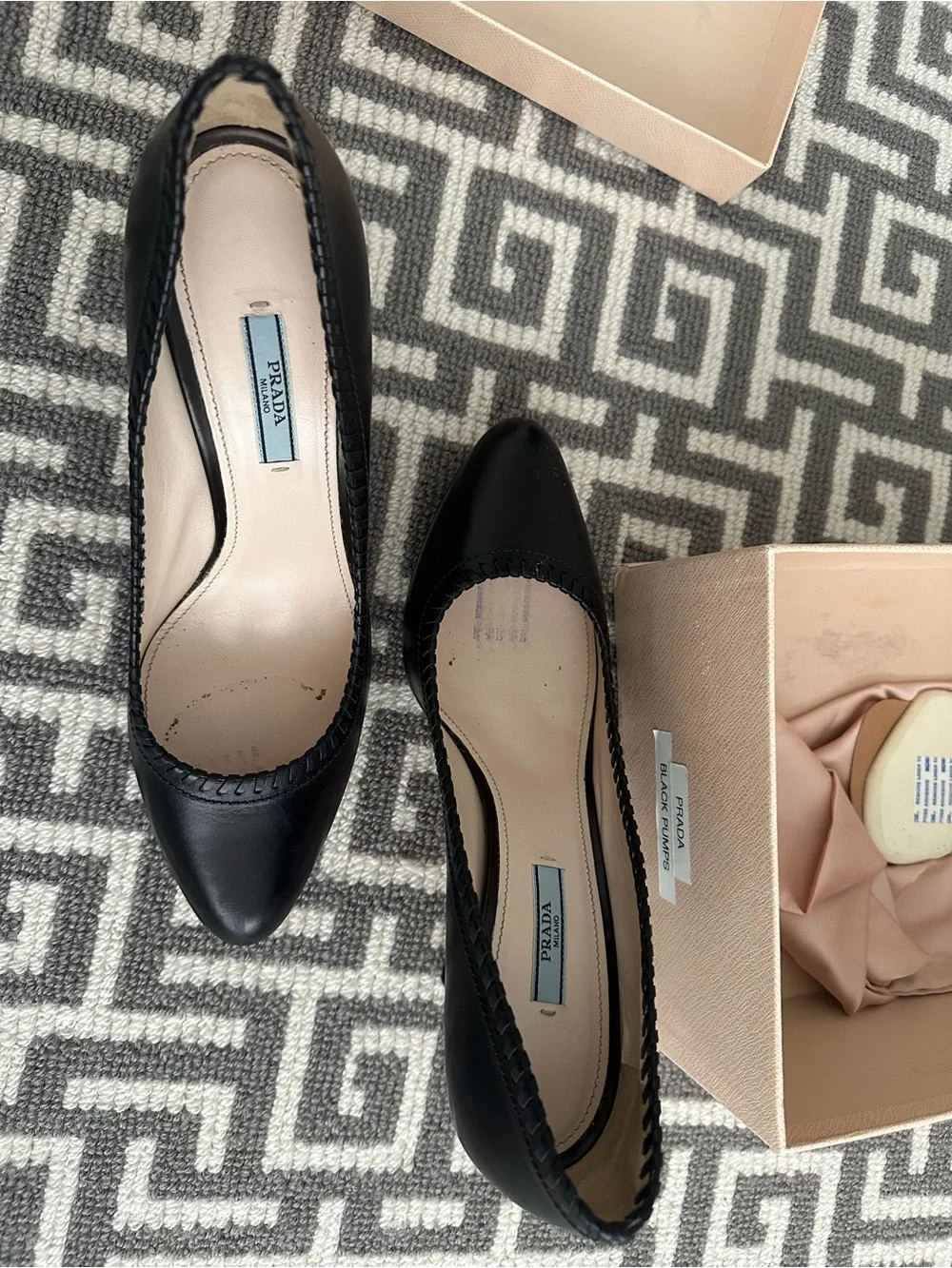 Prada Black Leather Stitched Trim High Heel Pumps
